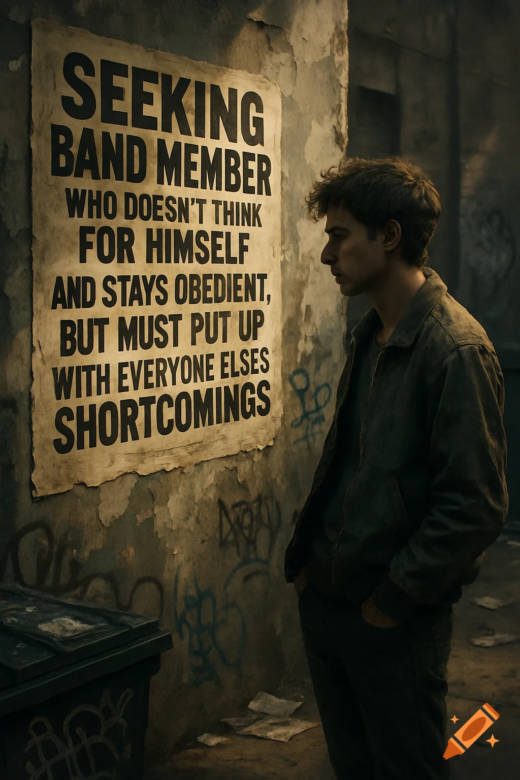 A man with curly hair looks at a grungy poster on a derelict wall that reads 'SEEKING BAND MEMBER WHO DOESN'T THINK FOR HIMSELF AND STAYS OBEDIENT, BUT MUST PUT UP WITH EVERYONE ELSES SHORTCOMINGS'.