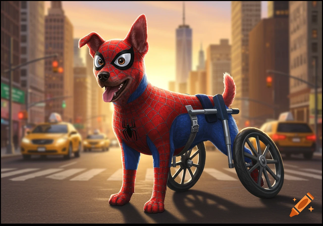 A happy dog in a Spiderman costume with its back legs in a wheelchair stands on a city street with blurry yellow taxis in the background.