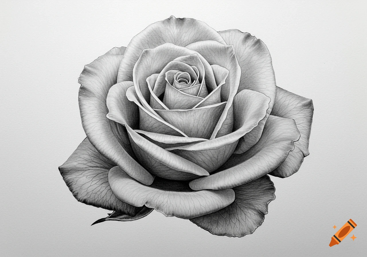 A detailed black and white pencil drawing of a rose seen from above, showing many layers of petals.
