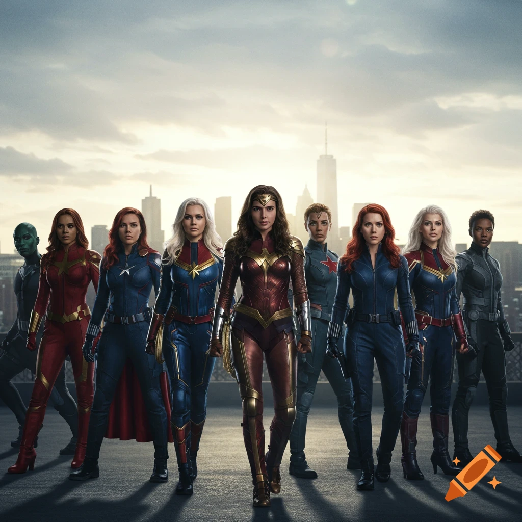 A group of female superheroes including Wonder Woman, Captain Marvel, and Black Widow stand together in a city setting, looking forward.