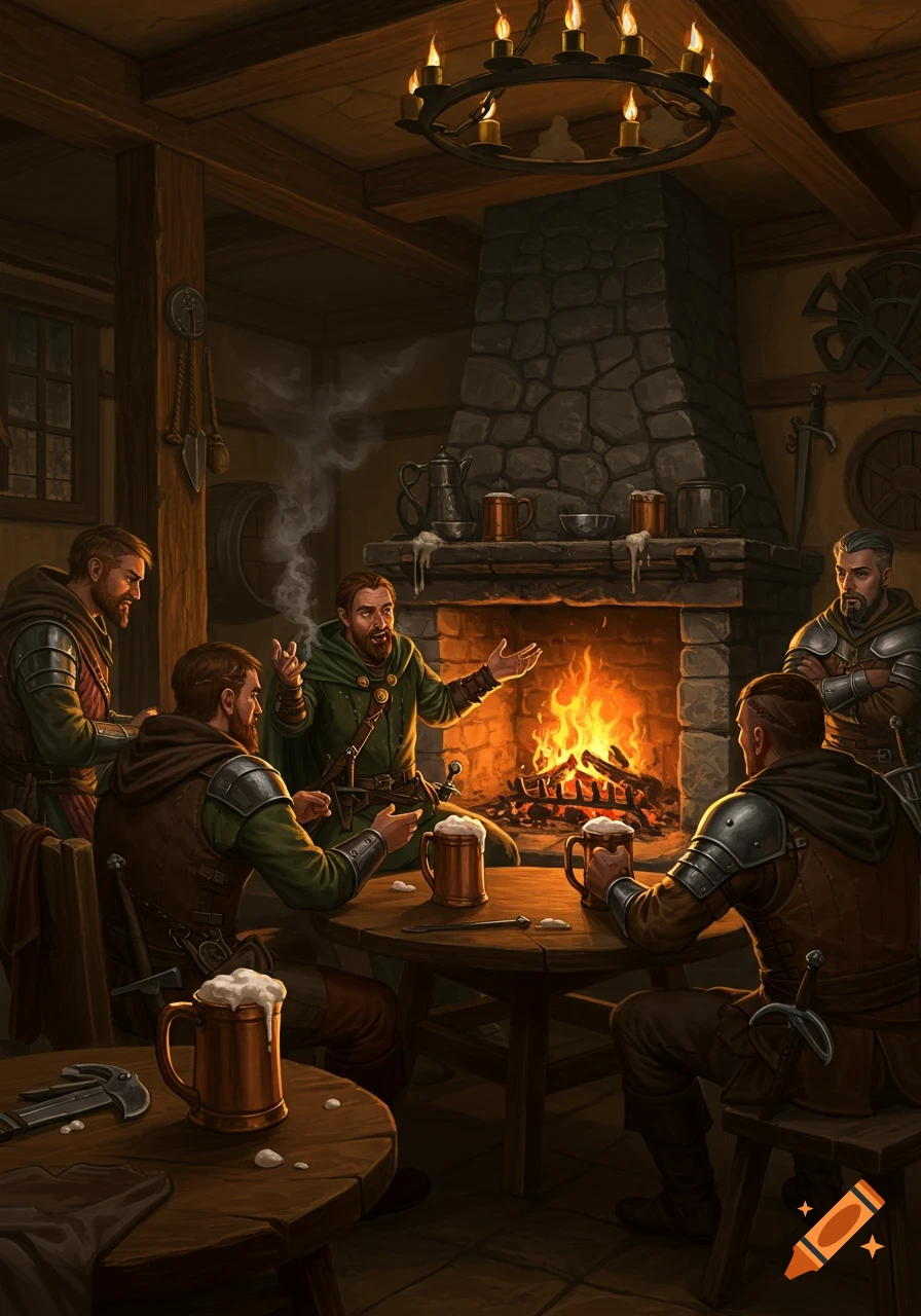 A group of men in a cozy, dimly lit tavern listen to a storyteller by a roaring fireplace, drinking beer.