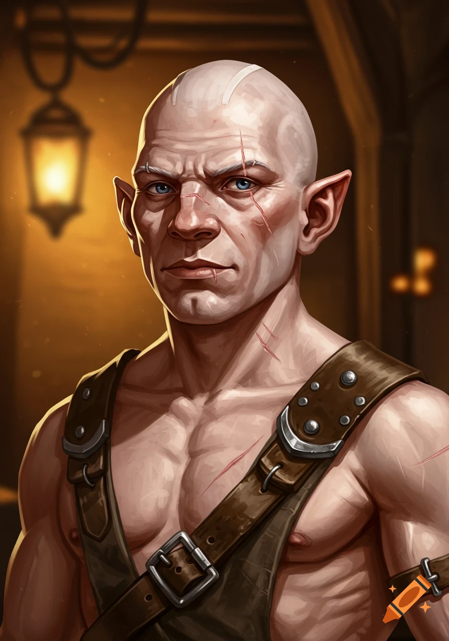 Illustrated portrait of a bald, muscular man with pointy ears, blue eyes, and scars, wearing leather straps in a dimly lit setting.