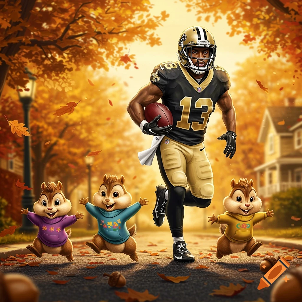 A football player in black and gold uniform runs with a football, while three cartoon chipmunks follow in an autumn street.