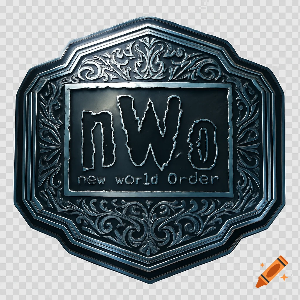 A detailed silver and black metal emblem with 'nWo' and 'new world Order' text, featuring ornate scrollwork on a transparent background.