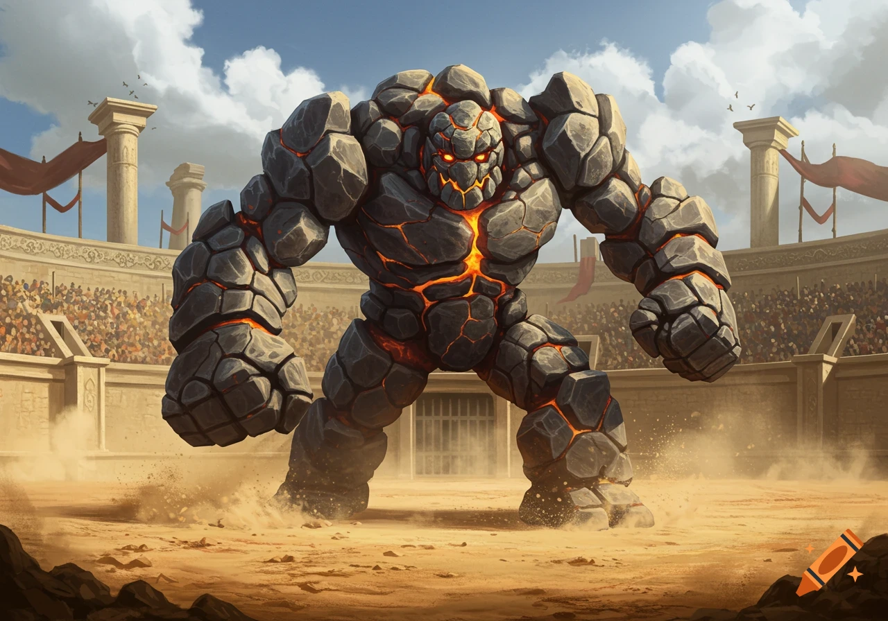 A giant rock golem with glowing orange cracks stands in a sandy gladiatorial arena with a large crowd in the background.
