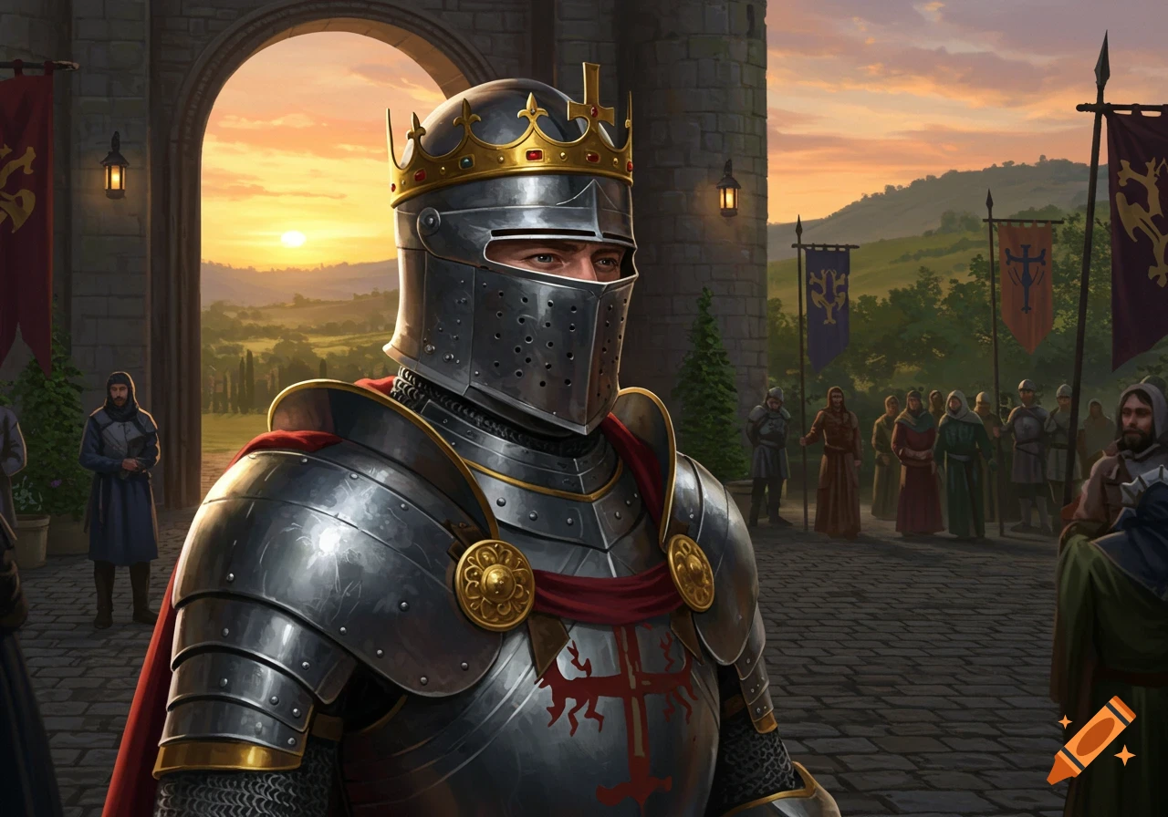 Crowned knight in full armor stands in a castle courtyard at sunset, with an archway and people in the background.
