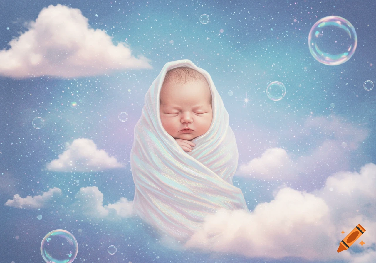 A sleeping baby wrapped in a sparkly white blanket floats among clouds, stars, and bubbles in a light blue and purple sky.