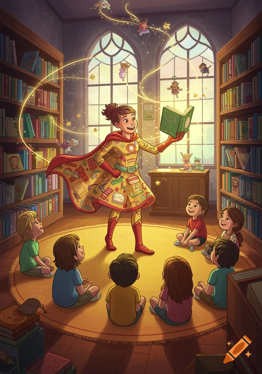 A superhero children's librarian in a magic-patterned suit reads an enchanted book to attentive children in a sunlit library.