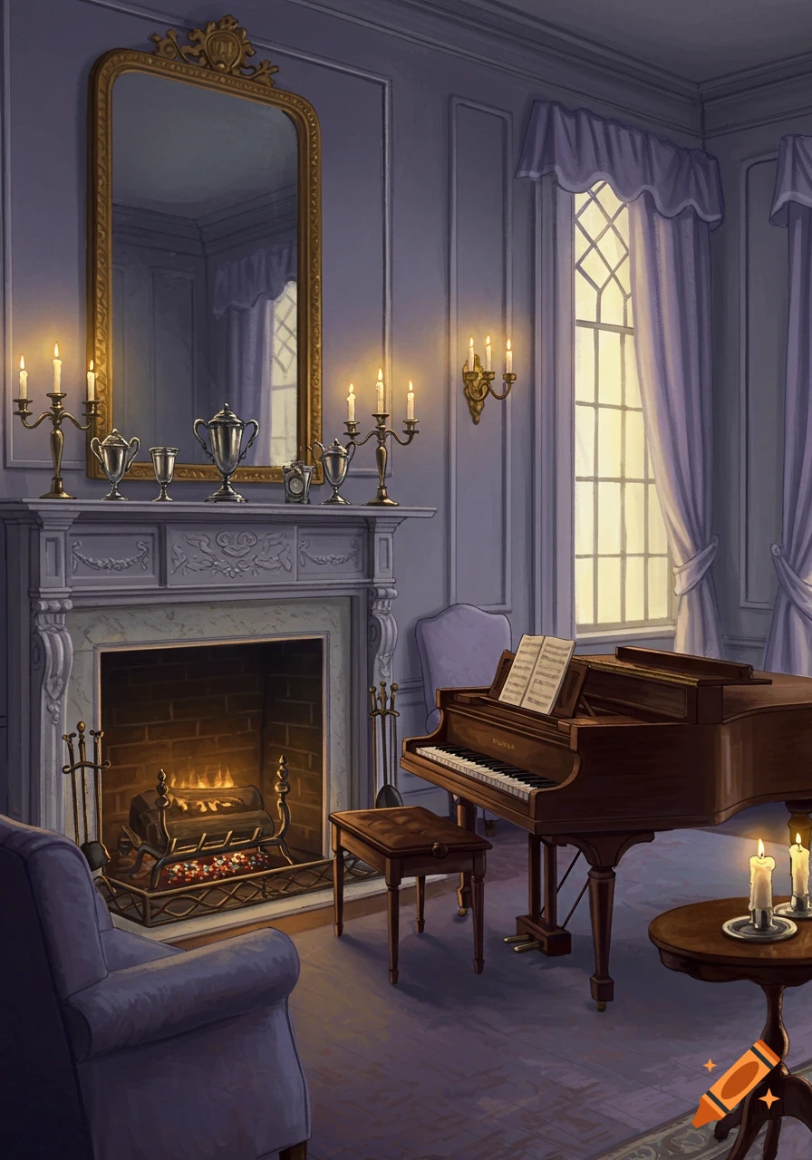 A cozy, purple-hued colonial parlor with a grand piano, a lit fireplace, and a gold-framed mirror above the mantle, adorned with candles and silver cups.