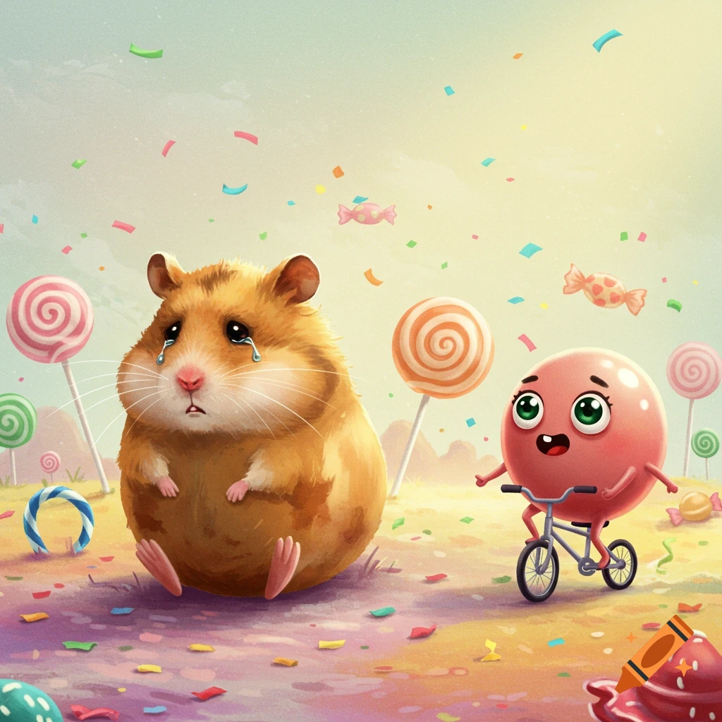 A sad, crying hamster sits among lollipops and confetti while a cheerful pink gumball character rides a tiny bicycle past it.
