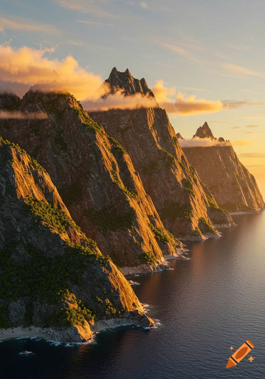 Photorealistic view of steep, green coastal mountains bathed in golden light at sunrise or sunset, beside a calm, dark blue ocean.