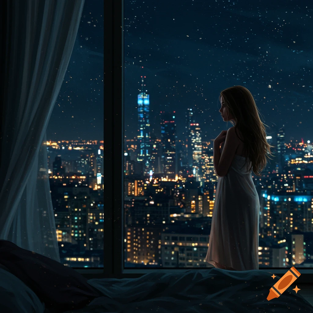 A digitally painted woman in a nightgown looks out a bedroom window at a vast, illuminated city at night.