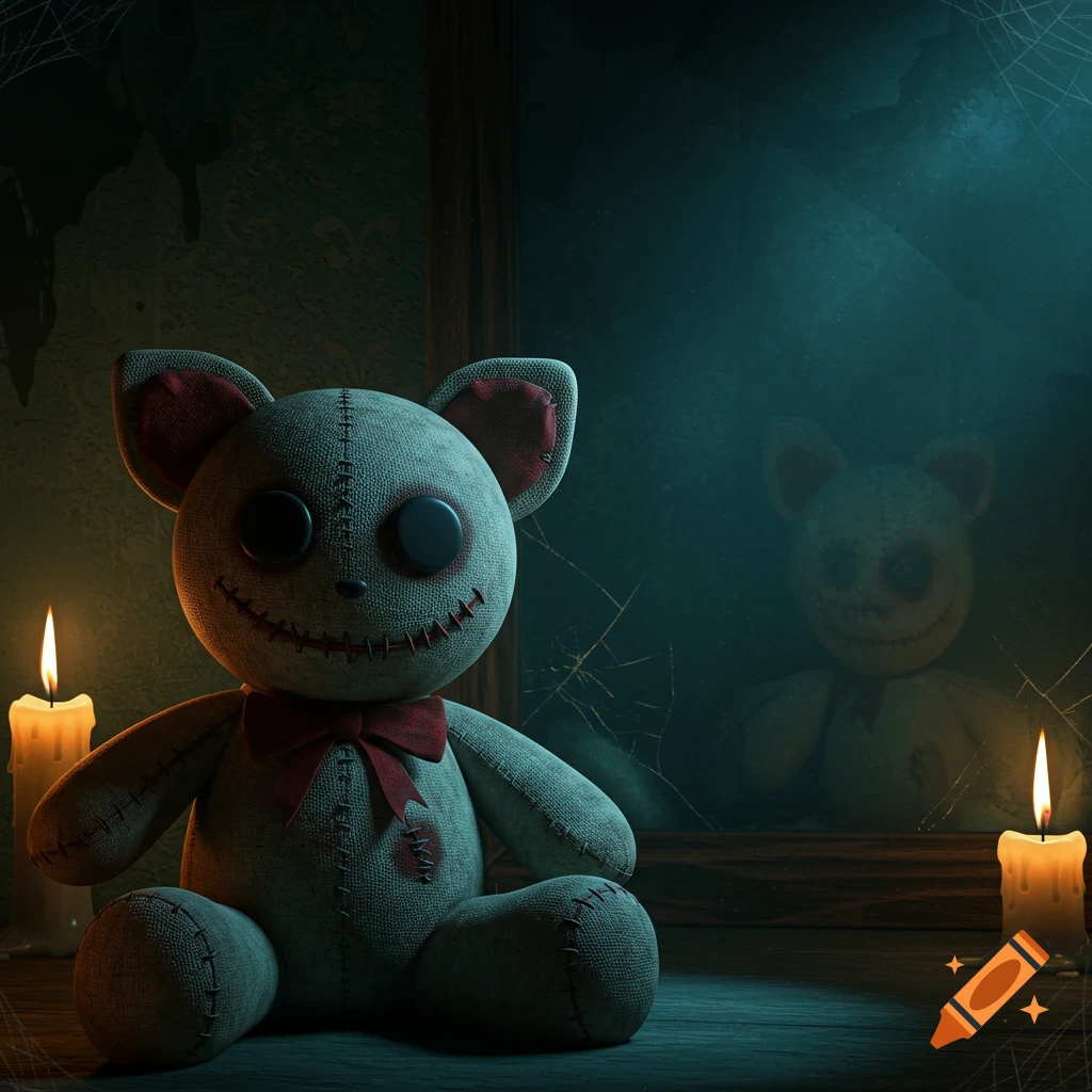A creepy, stitched teddy bear with button eyes and a red bow sits between two lit candles, reflected in a cracked mirror in a dark room.
