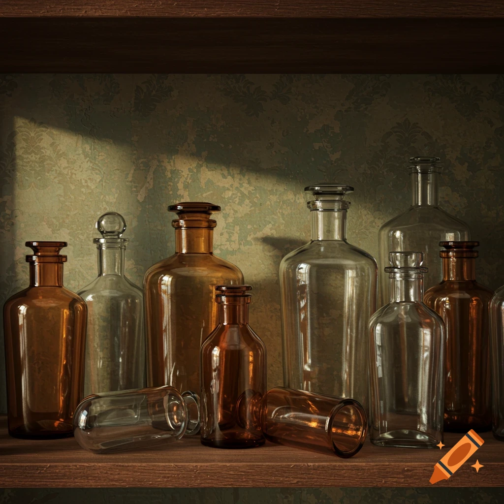 Various clear and amber glass bottles displayed on a wooden shelf, against a textured wall with dappled light.