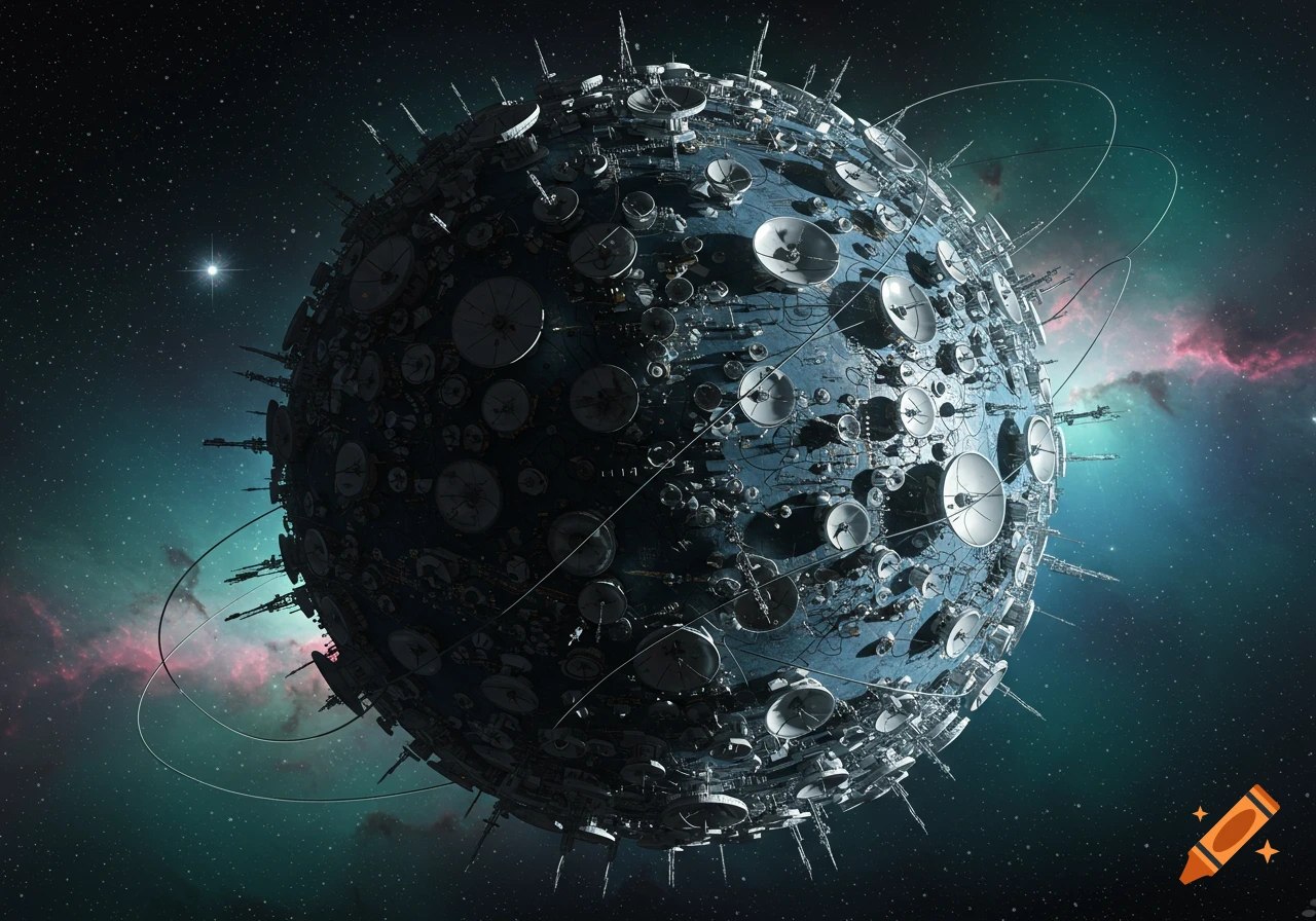 A detailed, grey-blue planet covered in numerous satellite dishes and wires, floating in a starry space with colorful nebulae.
