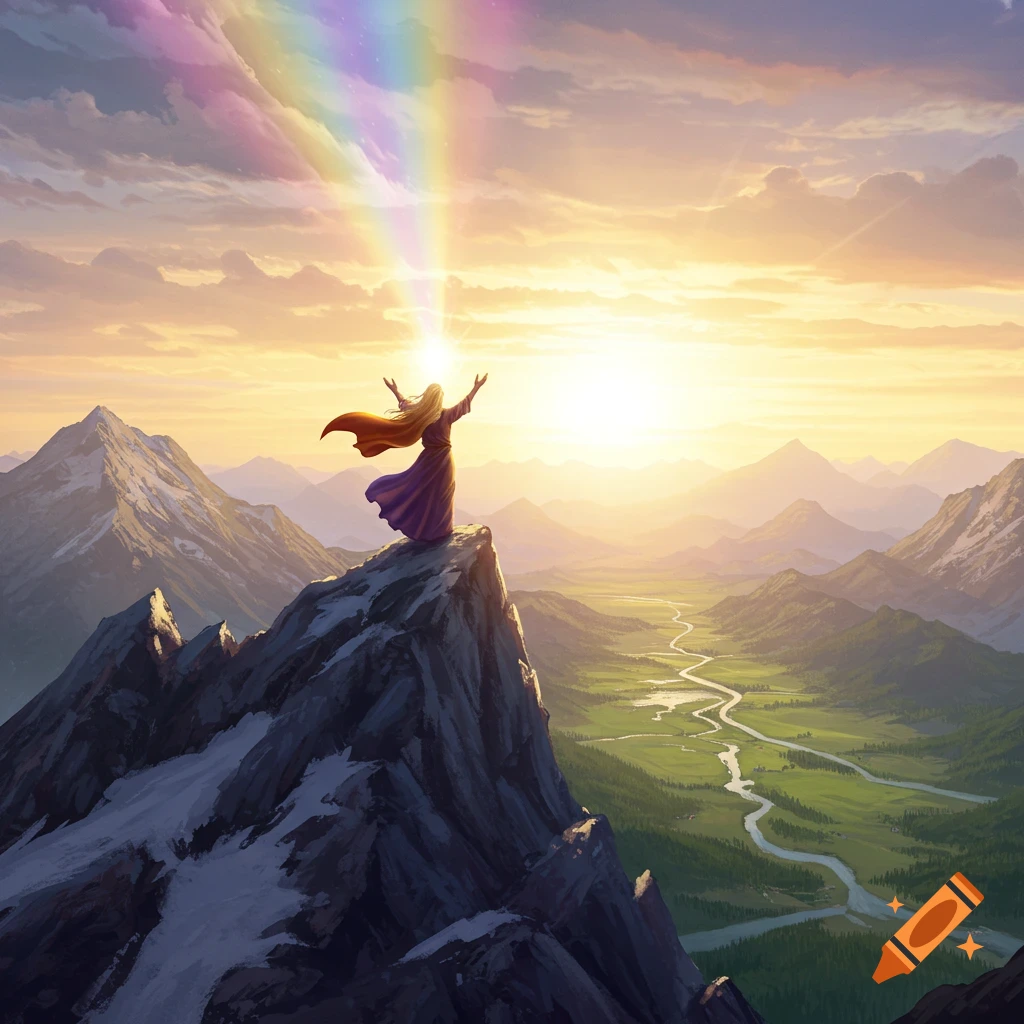 Figure with arms raised on a mountain peak, facing a radiant sunrise and rainbow over a lush valley. Illustrative.