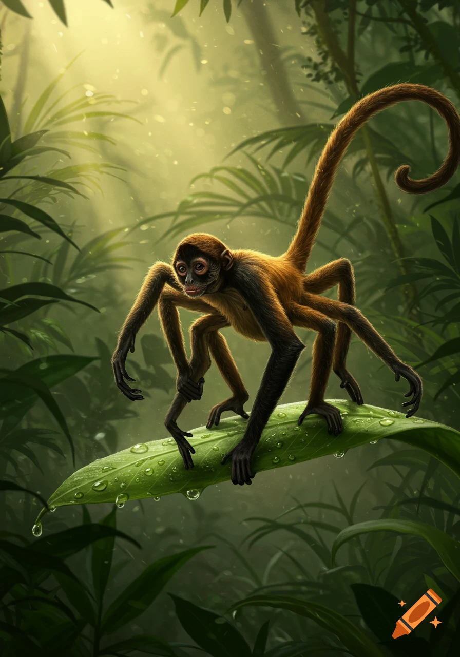 A fantastical eight-legged spider monkey with brown and black fur stands on a large, dew-covered leaf in a lush, misty jungle.