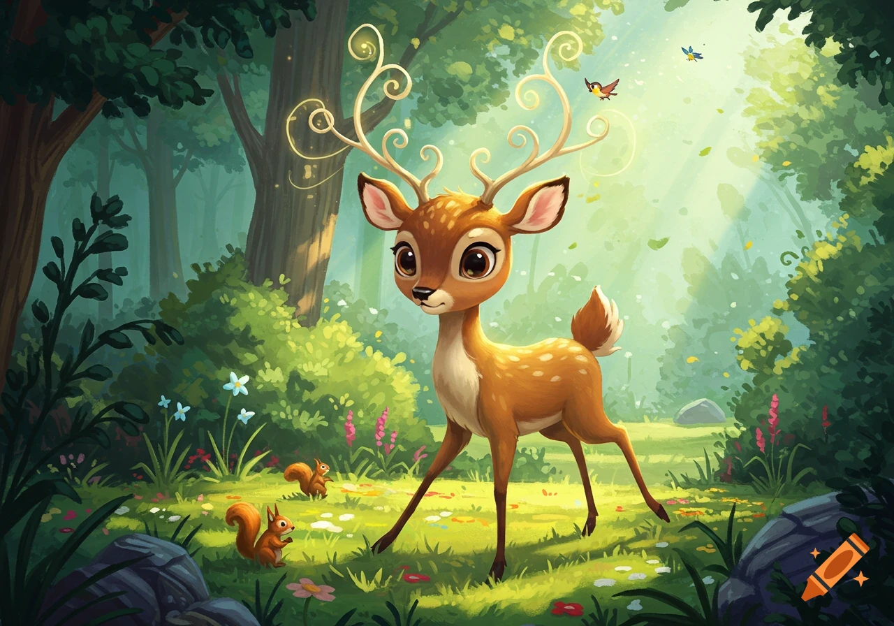 A cute cartoon deer with curly antlers stands in a sunny, lush green forest with squirrels, birds, and flowers, in an illustrated style.