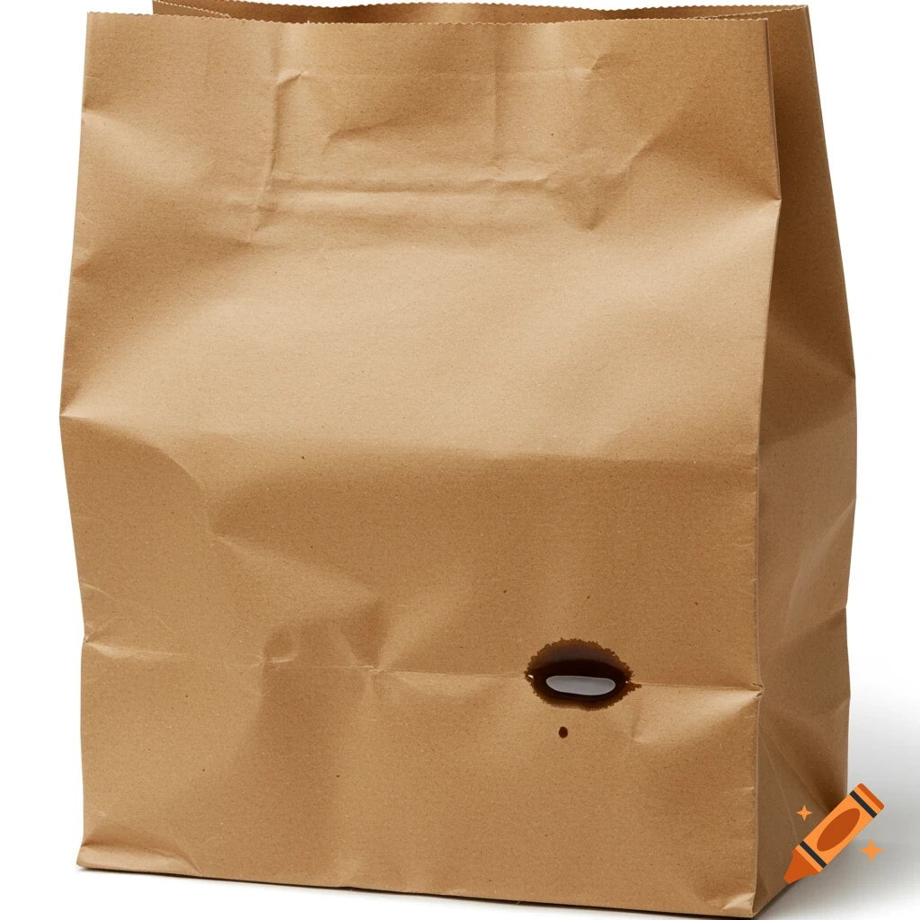 A brown paper shopping bag with a small dark wet stain near the bottom, photorealistic.