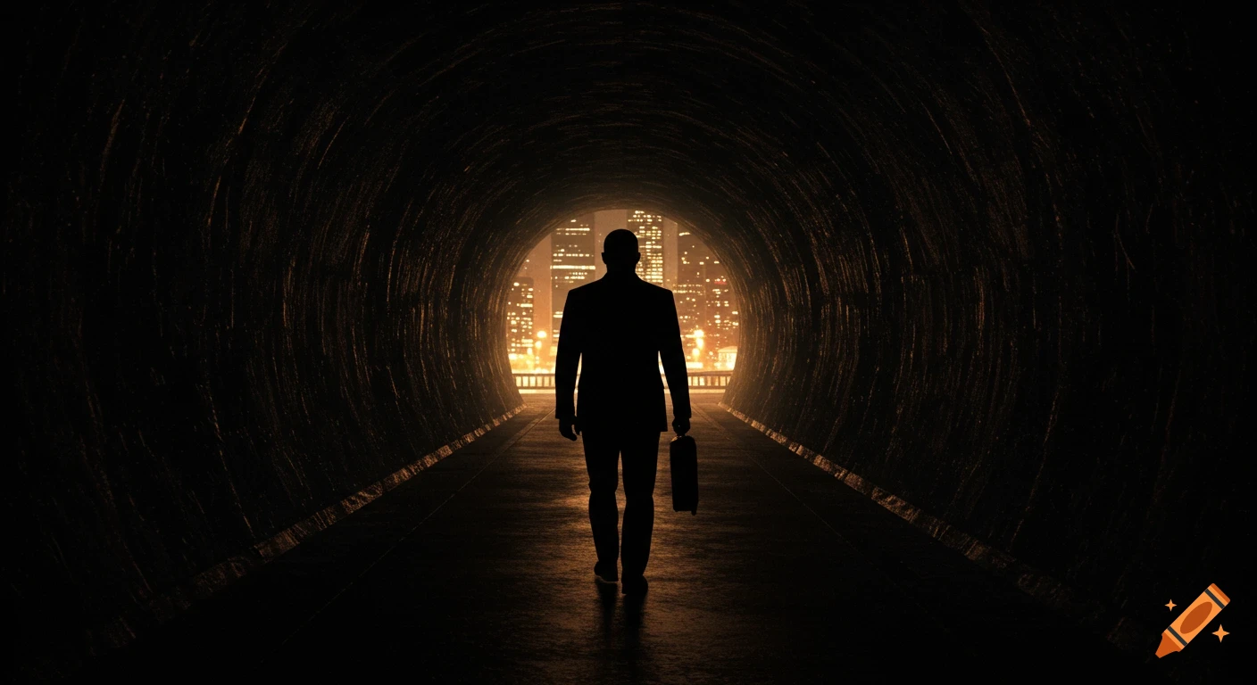 A silhouetted man in a suit walks through a dark tunnel towards a glowing city skyline at night.