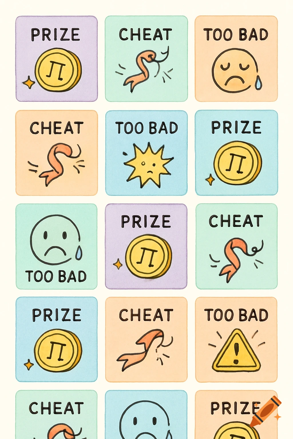 A grid of pastel game cards with cartoon icons and text reading 'PRIZE', 'CHEAT', or 'TOO BAD'.