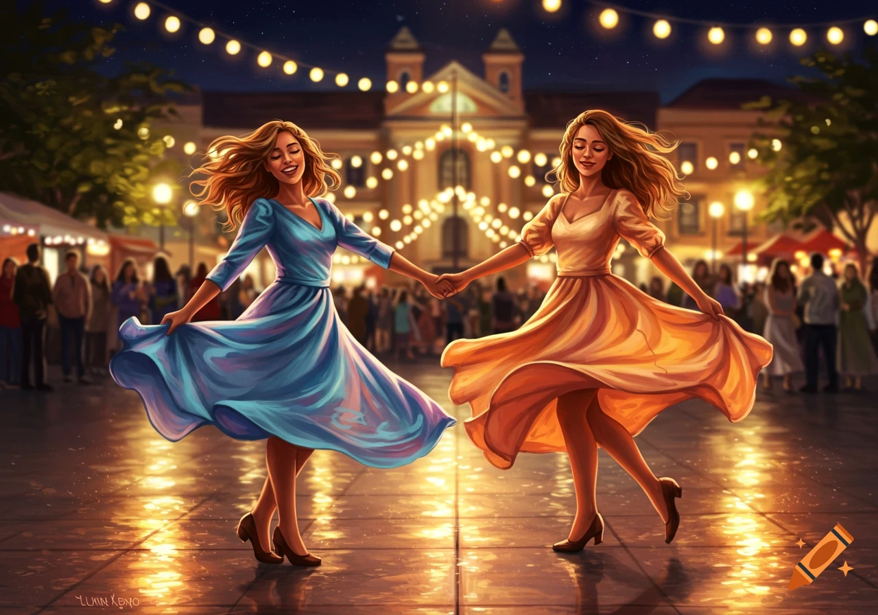 Two smiling women in flowing blue and orange dresses dance hand-in-hand under string lights at a night festival. Digital art.