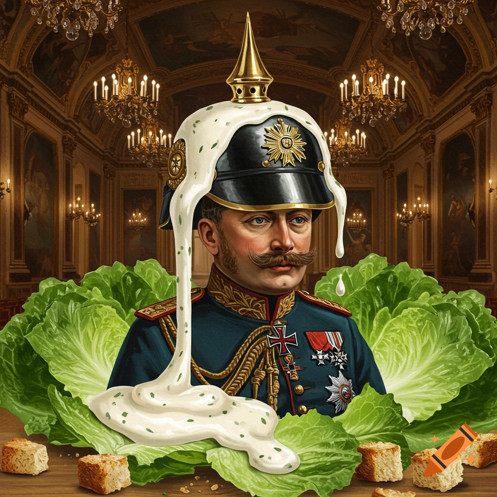 Kaiser Wilhelm II in uniform with ranch dressing dripping from his pickelhaube, surrounded by lettuce and croutons in a grand hall.