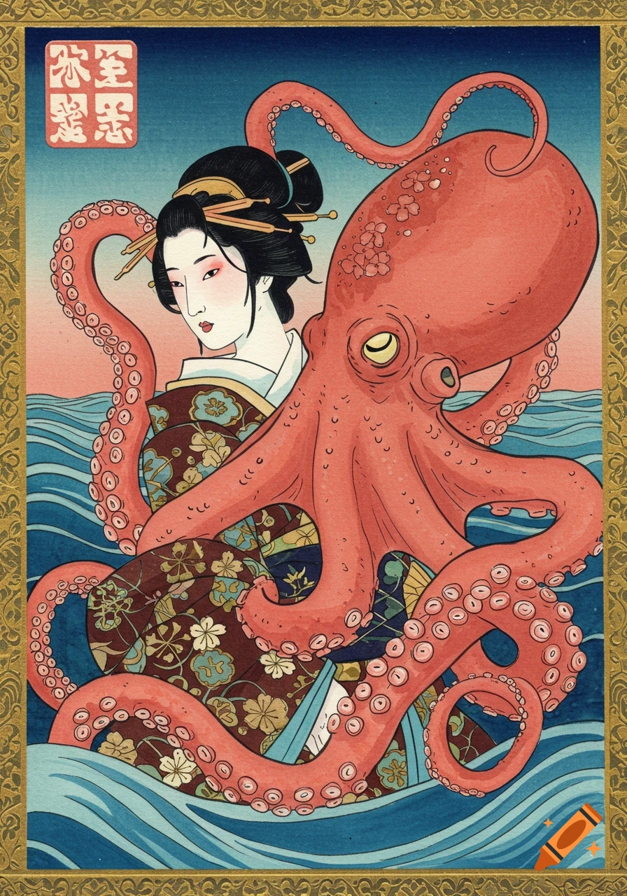 Japanese Ukiyo-e style painting of a woman in a kimono with a large red octopus in the ocean, framed by a golden border.