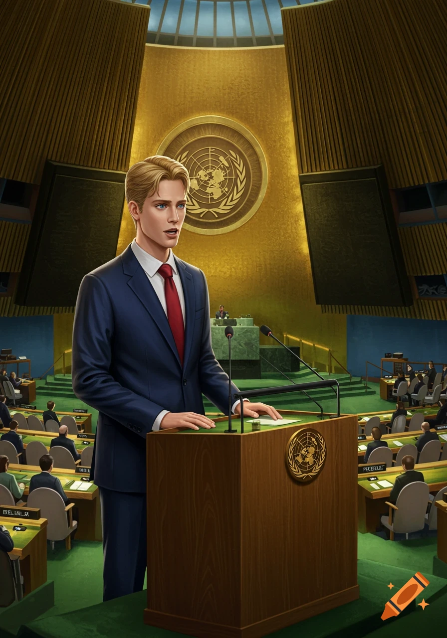 A blonde man in a navy suit and red tie speaks at a podium in the United Nations General Assembly hall, an illustration style.