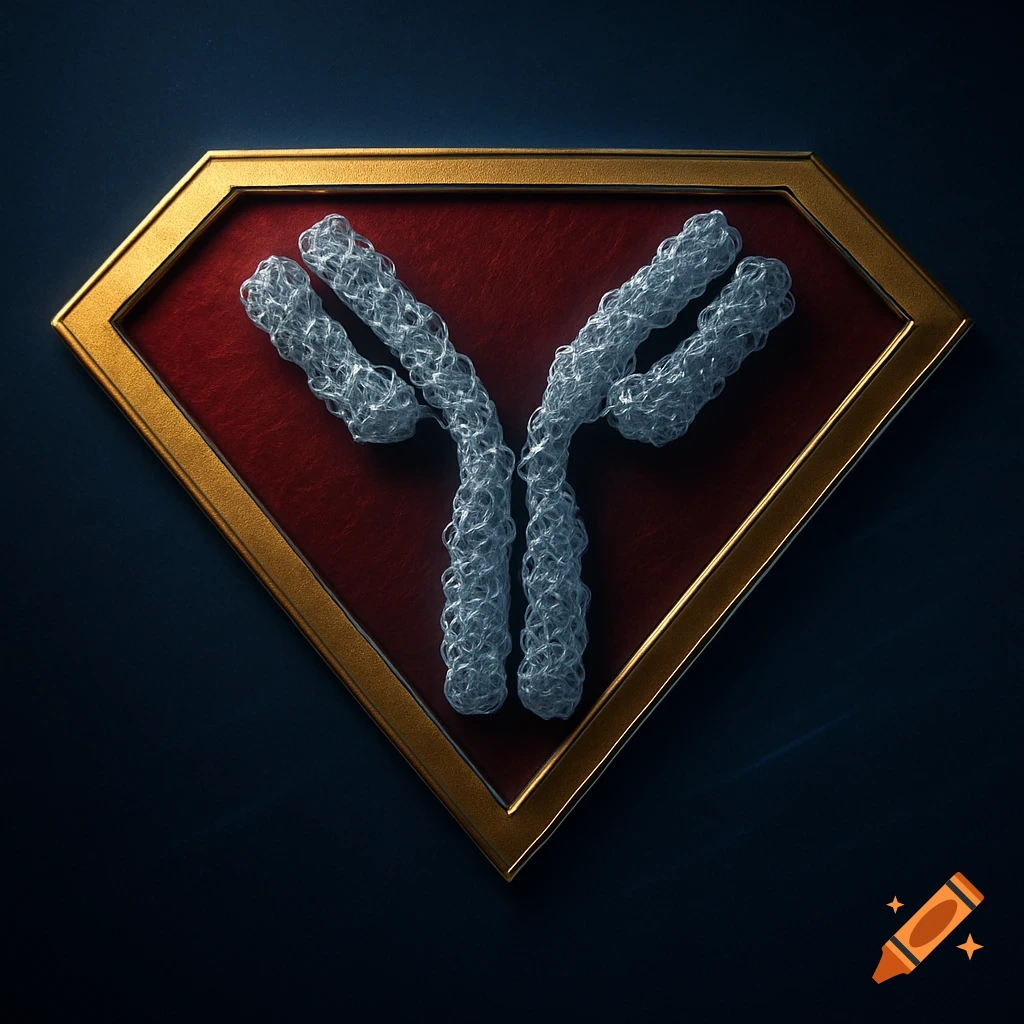 A silver, textured monoclonal antibody molecule within a red, gold-framed diamond shield against a dark background, inspired by the Superman logo.