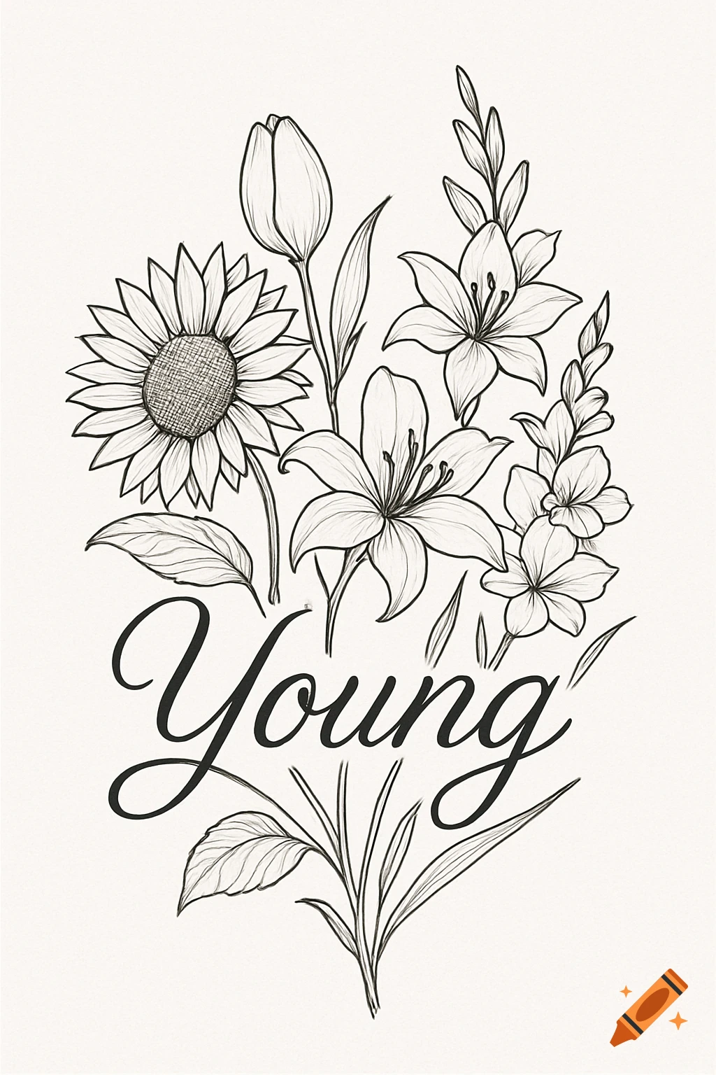 Black and white line art of a floral bouquet with the script word 'Young' amidst sunflowers, tulips, and lilies.