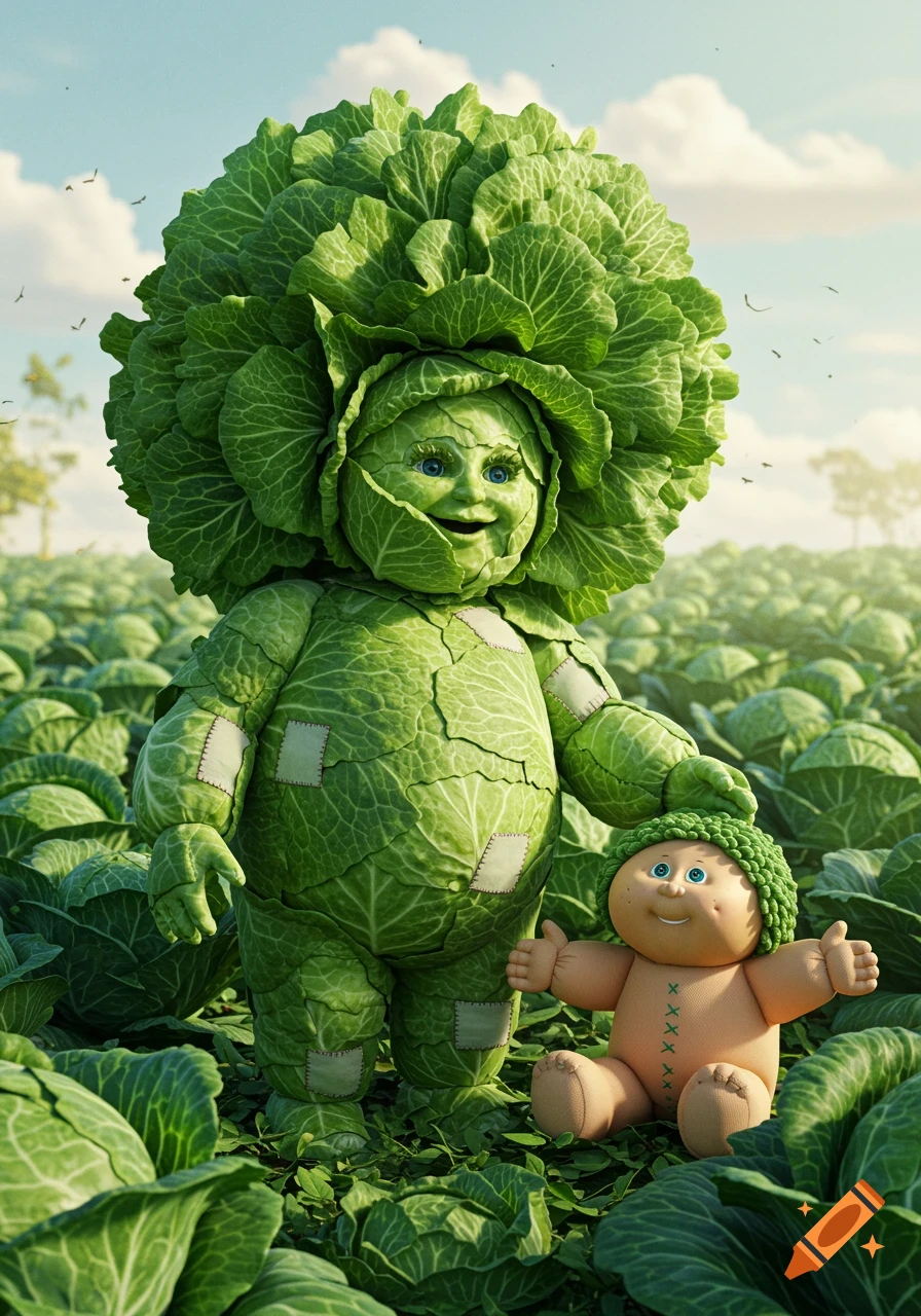 A large humanoid figure with a head and body made of green cabbage stands next to a smiling Cabbage Patch Kid doll in a field of cabbages under a bright, sunny sky.