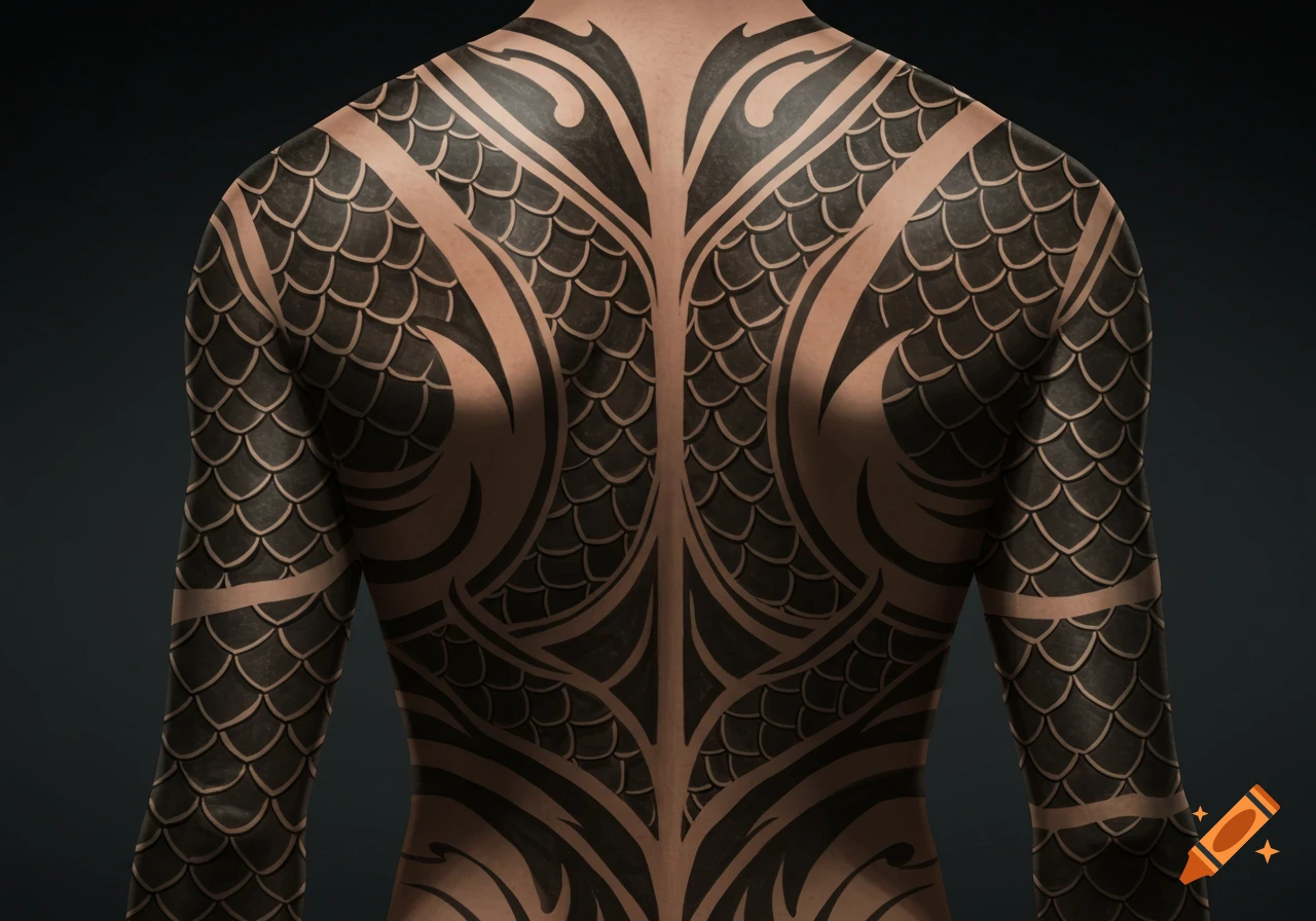 A person's back and arms covered in dark, detailed dragon scale and tribal pattern tattoos.
