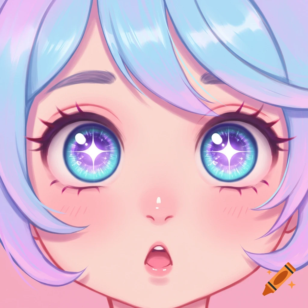 Close-up of a cute anime girl with pastel blue and purple hair, large sparkling blue-purple eyes, and a surprised expression.