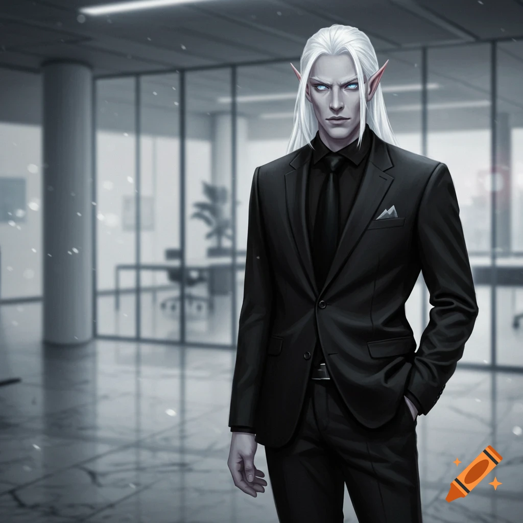 Pale-skinned, white-haired male elf in a black suit and tie, standing in a modern office, digital art style.