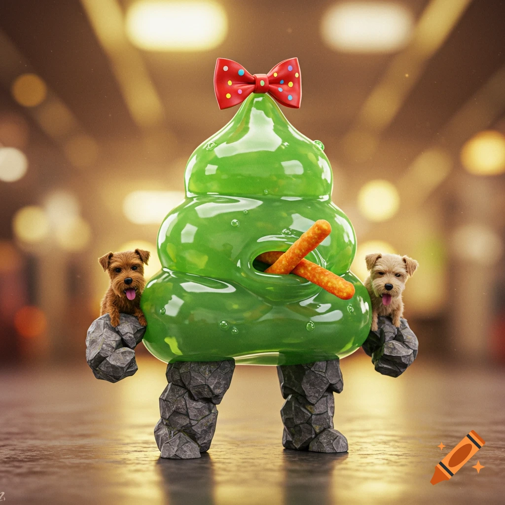 A whimsical green booger-like creature with rock legs, dogs for arms, and Cheetos coming out of its nose, wearing a red bow.