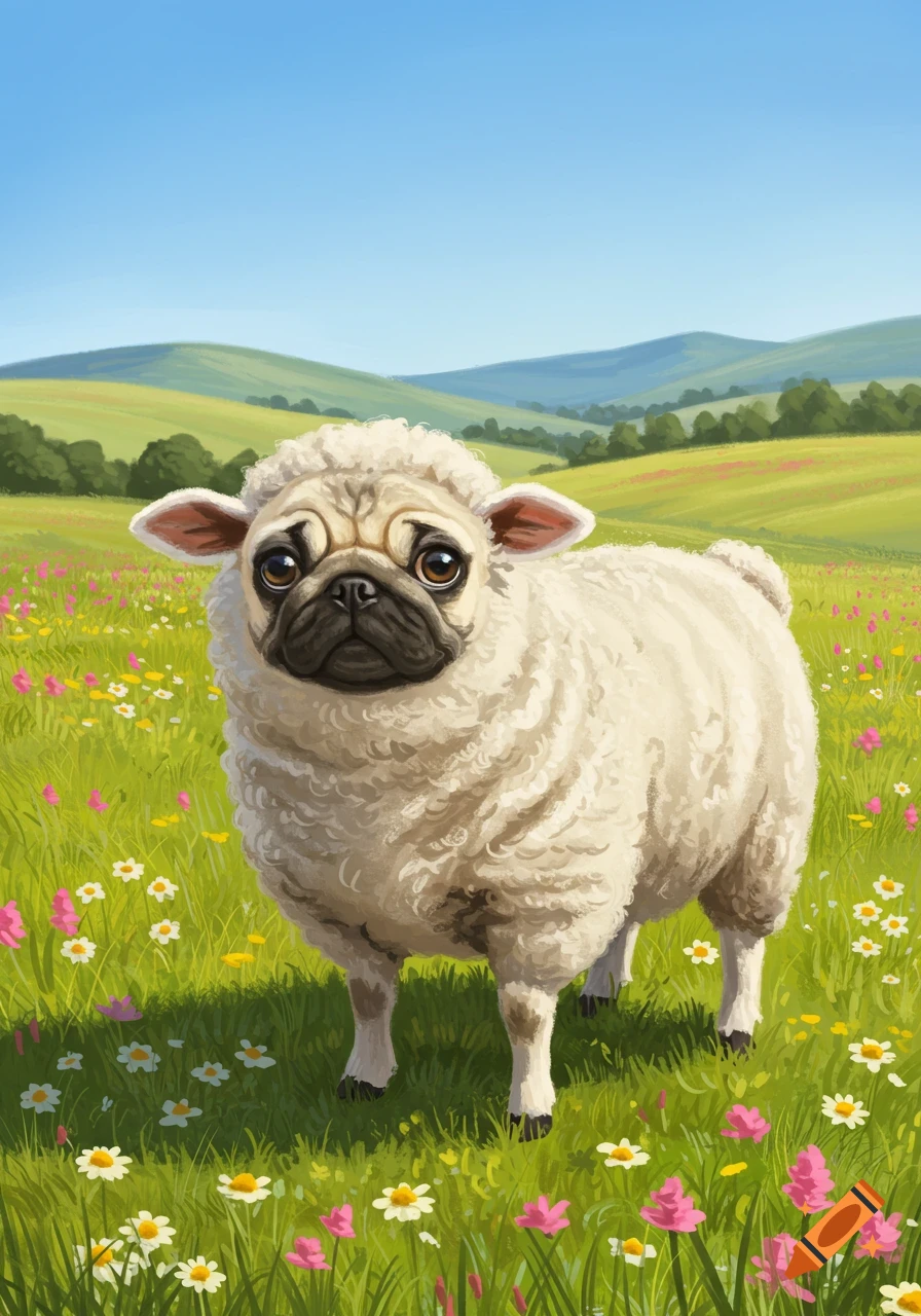An illustration of a cute pug-sheep hybrid standing in a field of wildflowers under a blue sky.