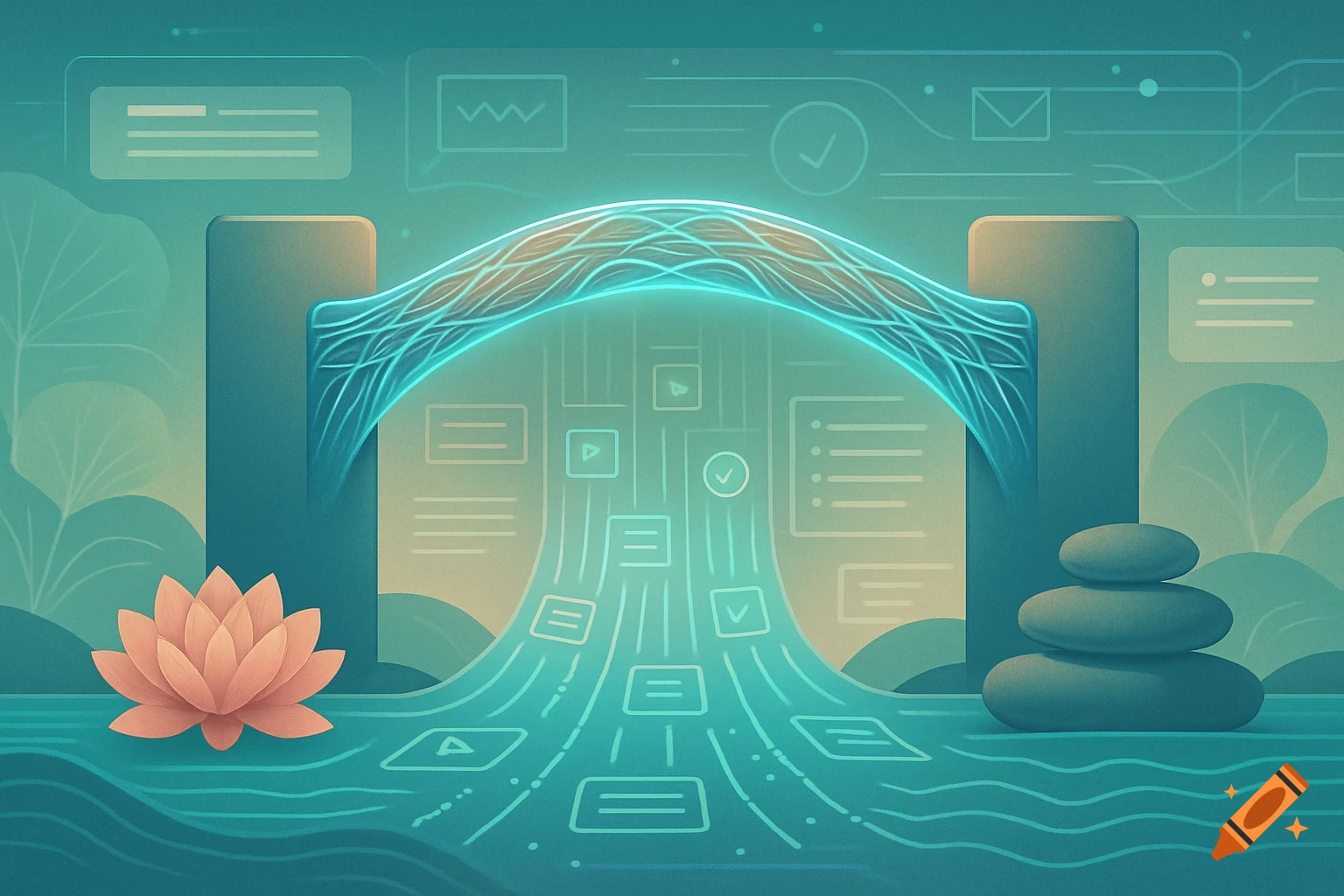 A serene digital illustration of a glowing data bridge with information flowing, flanked by a lotus flower and stacked stones.