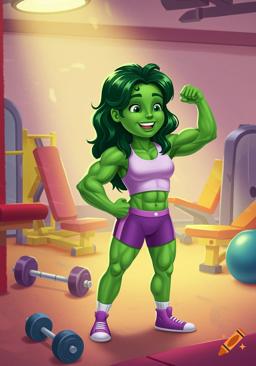 Cartoon She-Hulk flexing muscles in a gym.