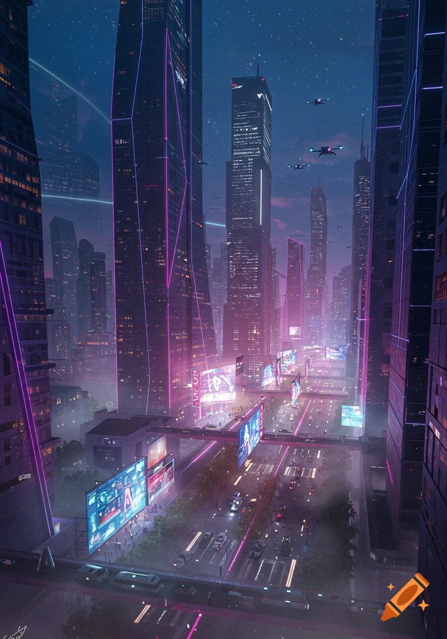 A vibrant, futuristic city at night with towering skyscrapers, neon lights, flying vehicles, and illuminated billboards.