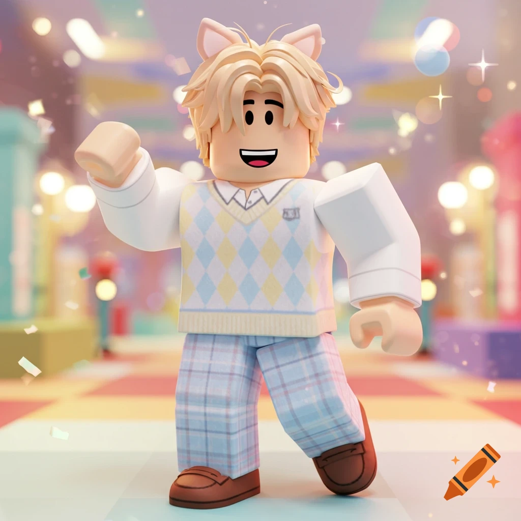 A smiling, blonde Roblox character with cat ears, wearing a preppy argyle vest and plaid pants, waving in a festive, blurry background.