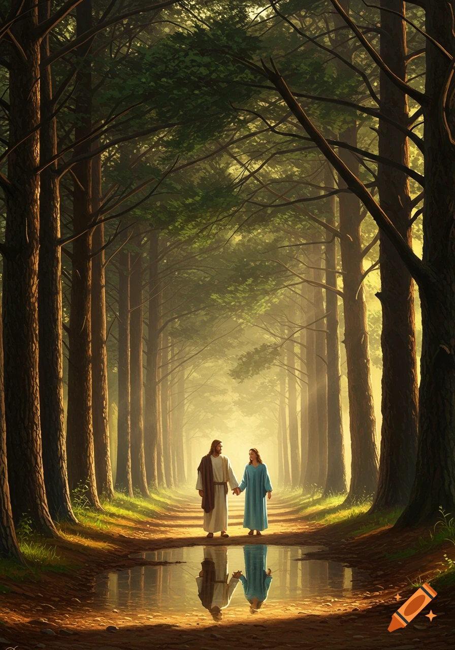 Jesus and a woman walk hand-in-hand down a sun-drenched forest path with tall trees, reflected in a puddle.