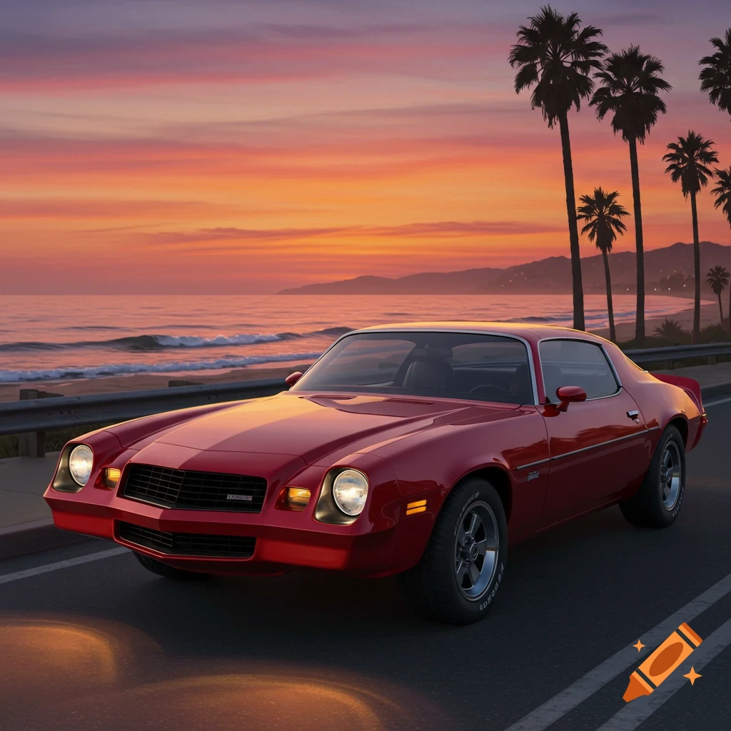 A vibrant red 1980 Chevrolet Camaro is parked on a coastal road during a beautiful sunset, with waves crashing on the beach and palm trees in the background.
