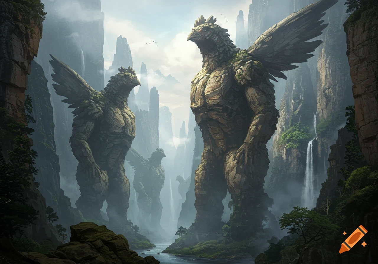 Gigantic rock statues resembling bird-like humanoids stand in a misty fantasy canyon with waterfalls and a river.