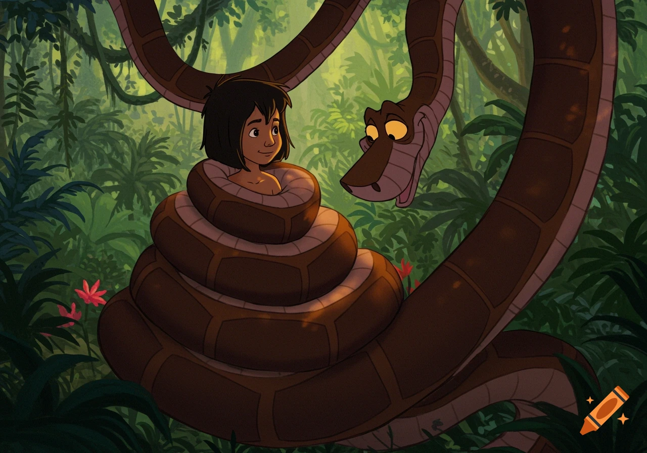 Animated scene of Mowgli from The Jungle Book, wrapped and smiling in Kaa the snake's coils in a lush jungle.