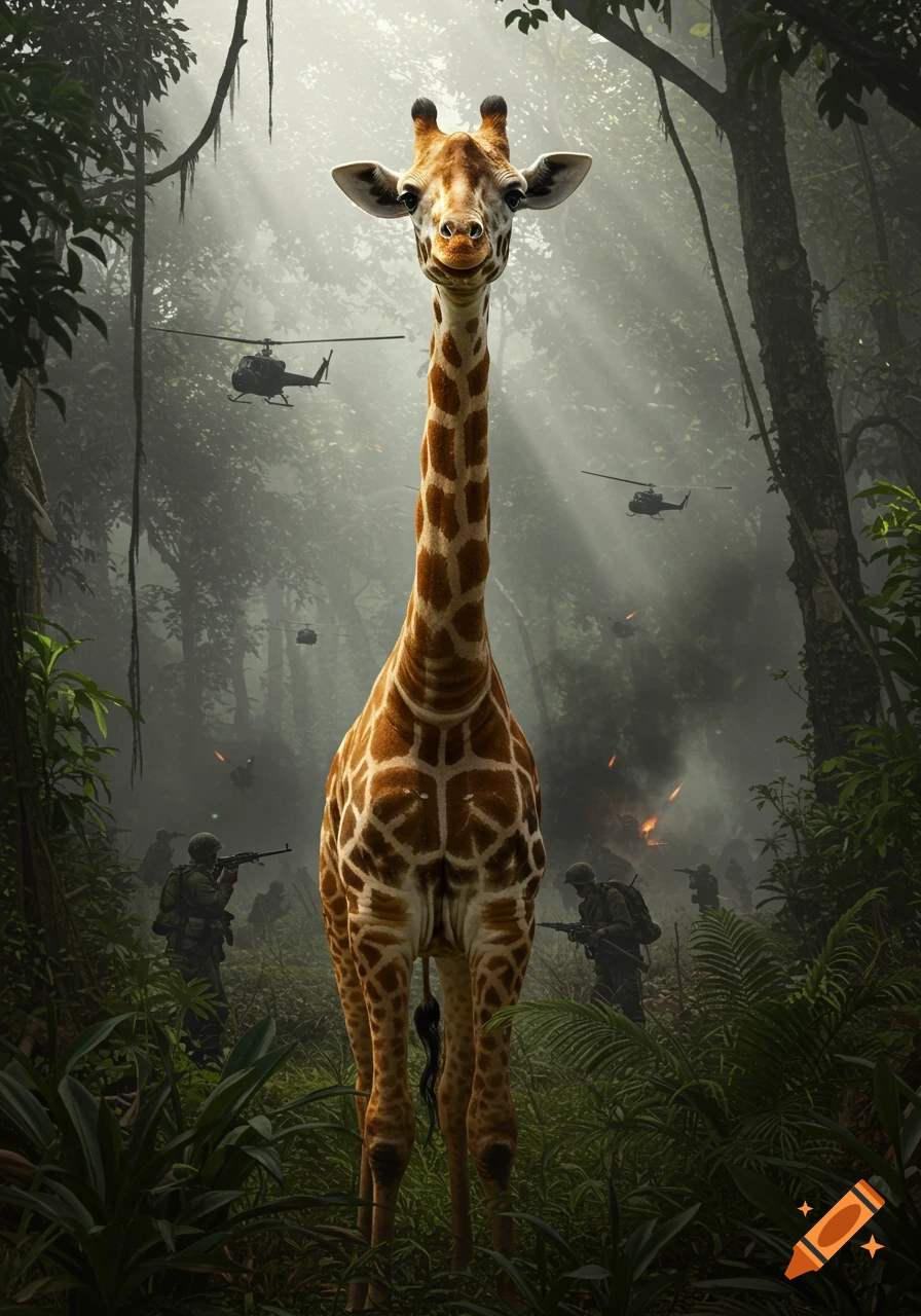 Photorealistic giraffe in a foggy jungle war zone with soldiers, helicopters, and explosions.