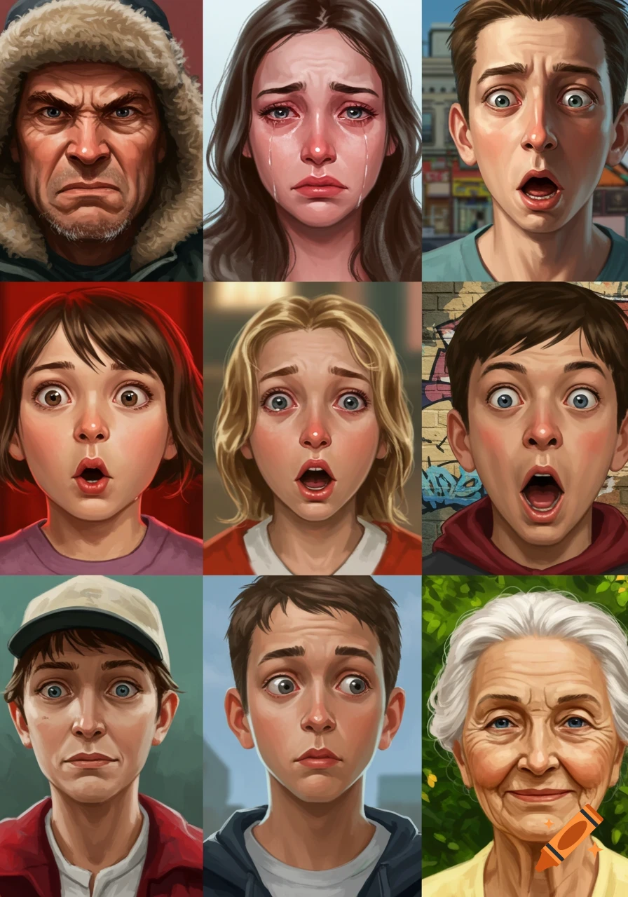 A grid of nine stylized portraits showing diverse people with various expressions including anger, sadness, surprise, and confusion.