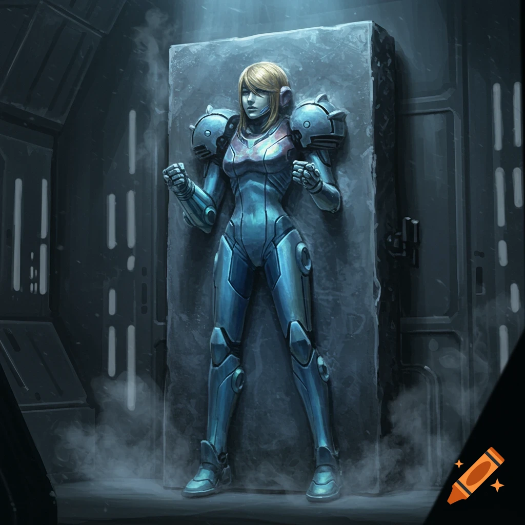 Zero Suit Samus frozen in carbonite, standing upright in a dark, metallic, futuristic chamber, in a digital art style.