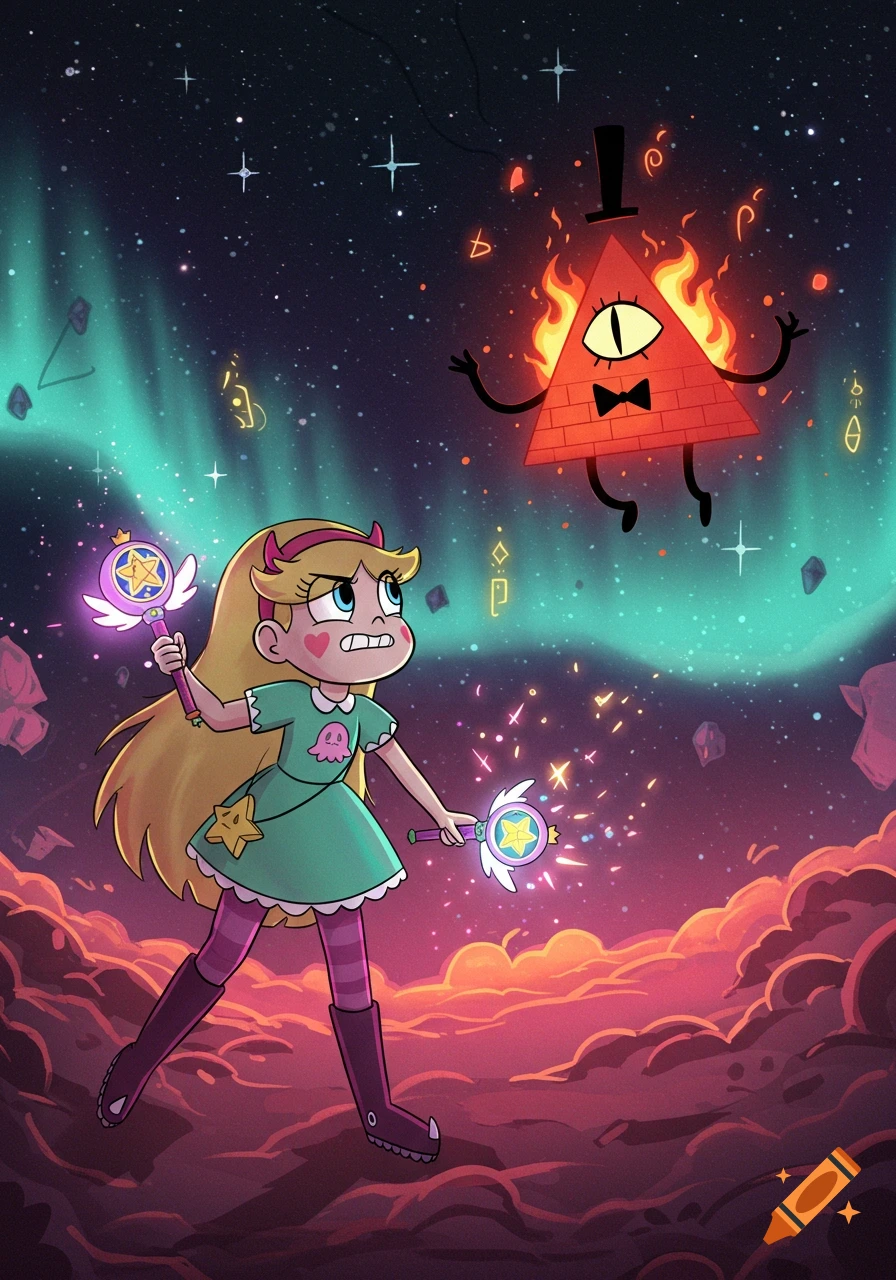 Cartoon Star Butterfly holding wands, looking determined at a fiery, floating Bill Cipher in a cosmic setting with aurora.
