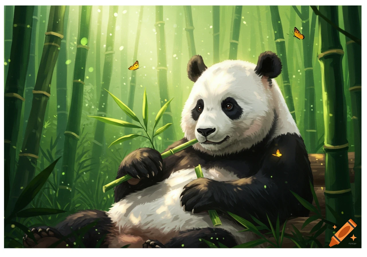 A digital painting of a panda eating bamboo in a lush green forest with butterflies.